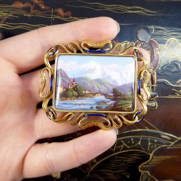 Antique Victorian Swiss Scene Brooch with Enamel Detailing