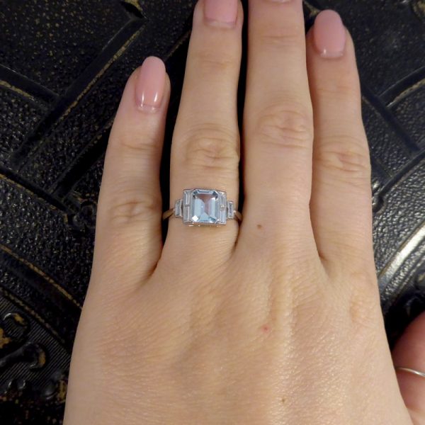 Art Deco Style Aquamarine and Diamond Platinum Ring