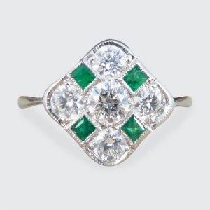 Art Deco Style Emerald and Diamond Kite Chequerboard Ring