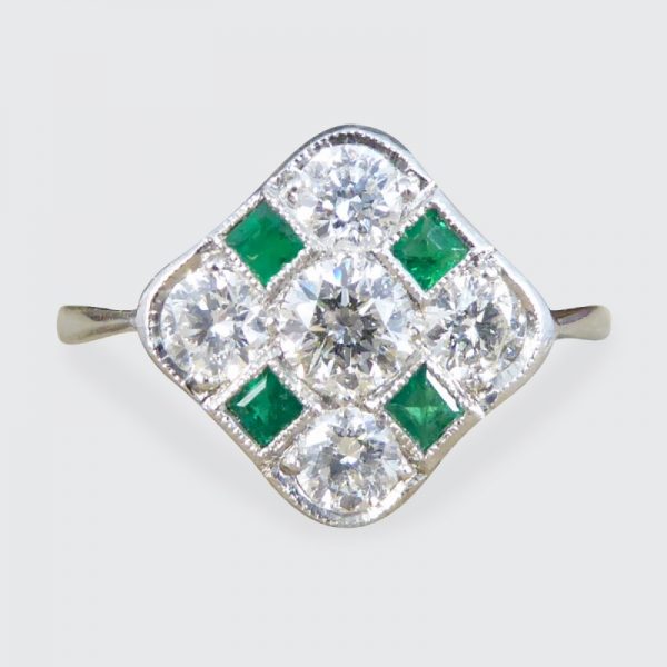 Art Deco Style Emerald and Diamond Kite Chequerboard Ring