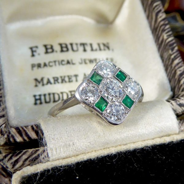 Art Deco Style Emerald and Diamond Kite Chequerboard Ring