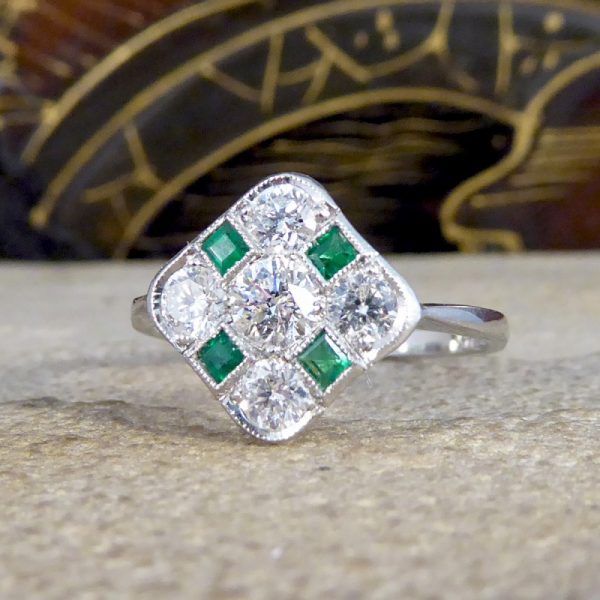 Art Deco Style Emerald and Diamond Kite Chequerboard Ring