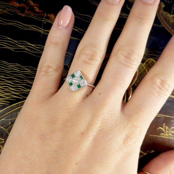 Art Deco Style Emerald and Diamond Kite Chequerboard Ring