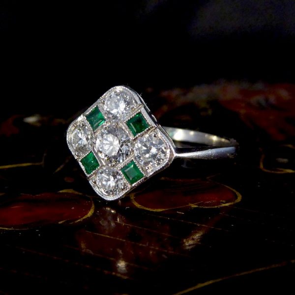 Art Deco Style Emerald and Diamond Kite Chequerboard Ring