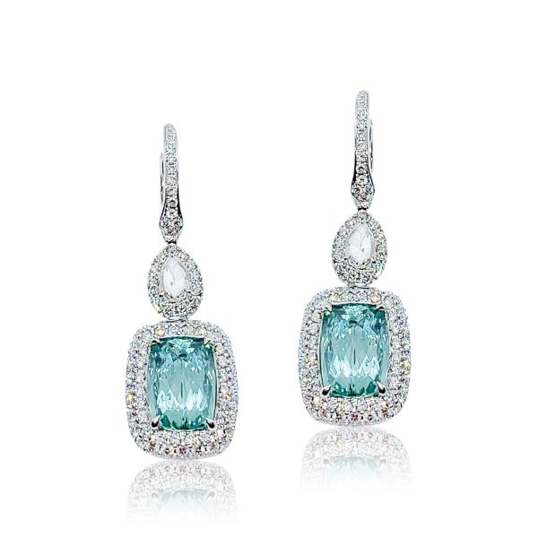Indicolite Tourmaline and Diamond Cluster Drop Earrings; featuring 6.34cts cushion shaped Indicolite Tourmalines surrounded by 2.65cts Diamonds, in 18ct white gold