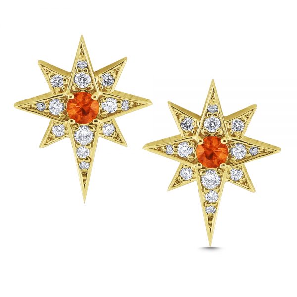 Orange Sapphire and Diamond Star Stud Earrings; 14ct yellow gold Starburst earrings set with 0.21ct orange sapphires surrounded by 1.54cts diamond accents
