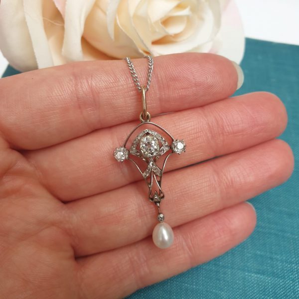 Art Nouveau diamond pendant and pearls