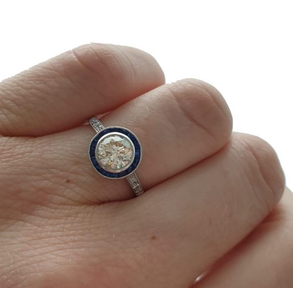 Sapphire diamond round target ring ArtDeco style