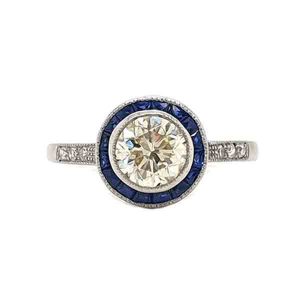 Sapphire and diamond target ring clue round Art Deco vintage