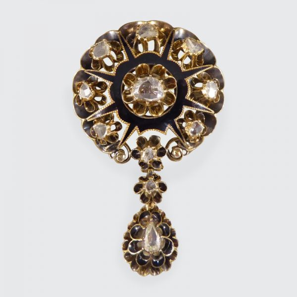 Victorian Black Enamel and Rose Cut Diamond Mourning Pendant Brooch