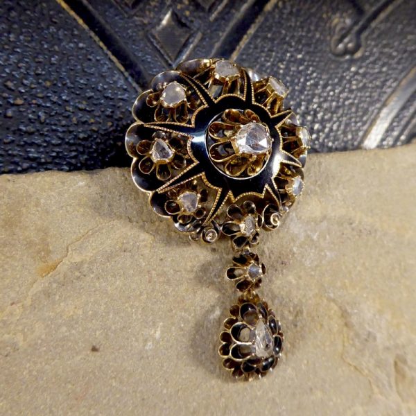 Victorian Black Enamel and Rose Cut Diamond Mourning Pendant Brooch