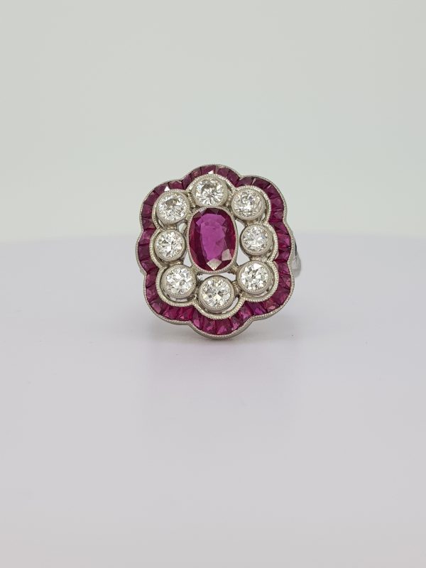 Art Deco Style Ruby and Diamond Floral Cluster Ring in Platinum, 1.62 carats