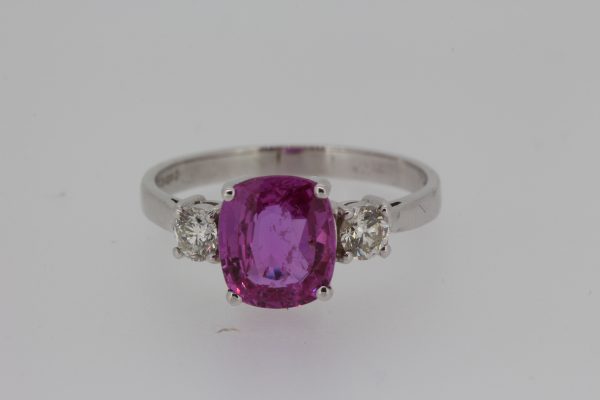 2.40ct Pink Sapphire and Diamond Three Stone Ring in Platinum
