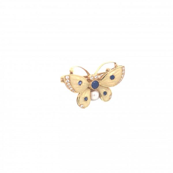 Enamel Butterfly Brooch with Sapphires, Diamonds and Pearl