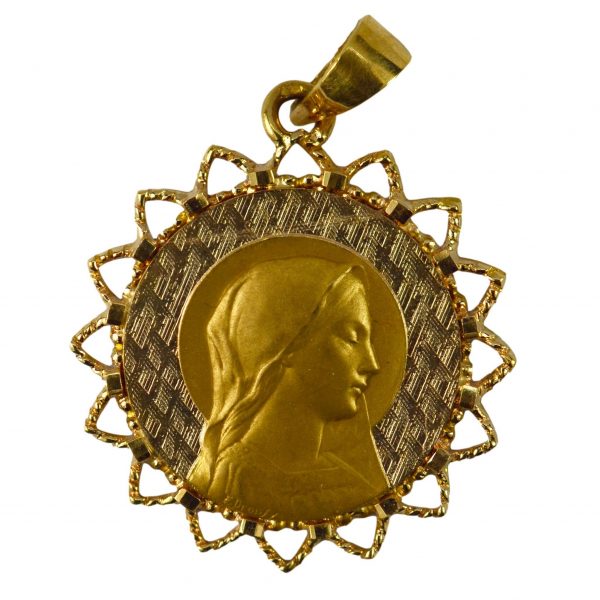 French Virgin Mary 18ct Gold Pendant by Dropsy; 18ct yellow gold pendant designed as a round medal depicting the Virgin Mary on a sunburst ground, Signed E Dropsy