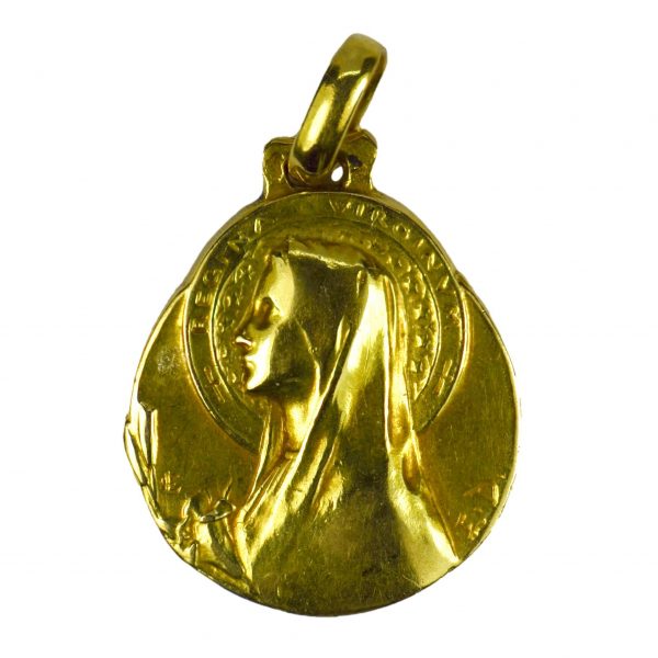 Emile Dropsy 18ct Gold Virgin Mary Pendant; designed as a medal depicting the Virgin Mary with inscription ‘Regina Virginum’, Signed E.D for Emile Dropsy