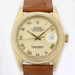 Rolex Datejust 16018 18ct Yellow Gold 36mm Automatic Watch, yellow Roman dial with date indicator, on a brown leather strap with Rolex buckle, Circa 1979