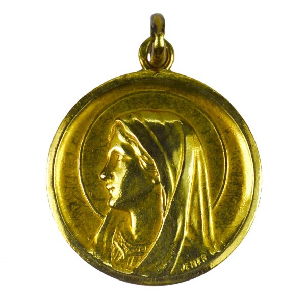 French Virgin Mary 18ct Yellow Gold Medal Pendant; 18ct yellow gold pendant designed as a medal depicting the Virgin Mary, Signed Jener