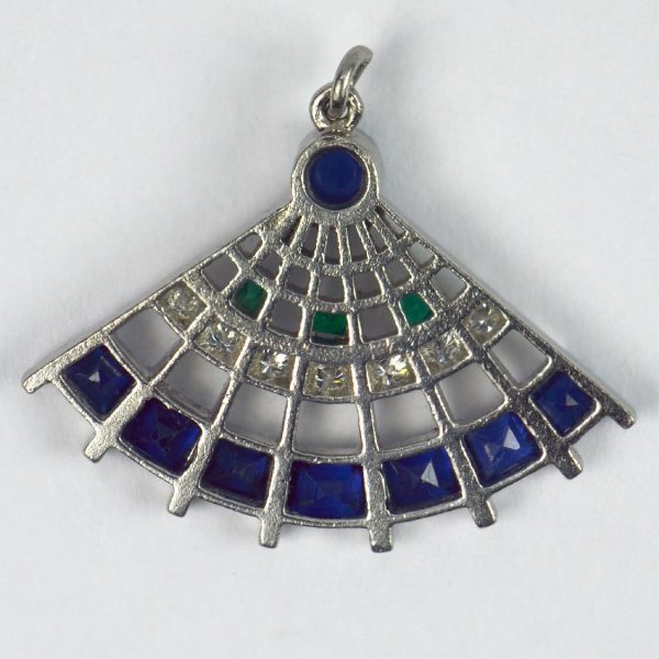Art Deco Platinum Fan Charm Pendant with Sapphire, Emerald and Diamond