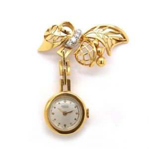 Vintage Gold Floral Bow Brooch with Diamonds and Drop Watch