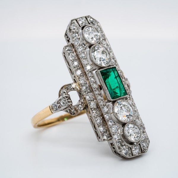 Art Deco Emerald and Diamond Plaque Ring, 3.50 carats