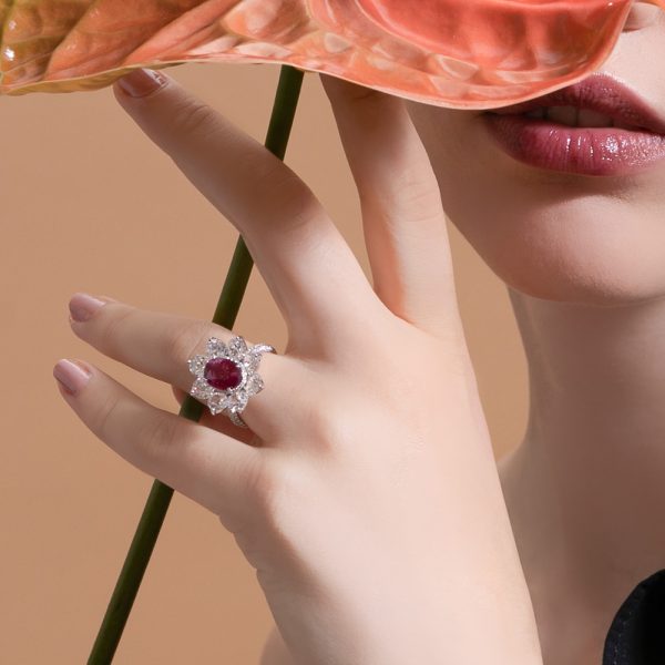 3.69ct Burmese Ruby and Old Cut Diamond Floral Cluster Ring
