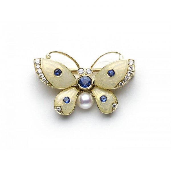 Enamel Butterfly Brooch with Sapphires, Diamonds and Pearl; white to cream enamel butterfly brooch set with 0.25cts sapphires, cultured pearl and round brilliant-cut diamonds