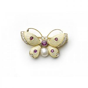 Enamel Butterfly Brooch with Ruby, Diamond and Pearl