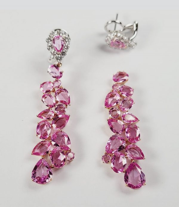 Pink Sapphire and Diamond Drop Earrings with Detachable Cluster Tops, 13 carats