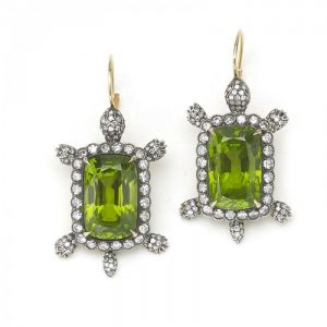 Peridot and Diamond Turtle Earrings, set with 30.48cts cushion shaped peridot surrounded by eight-cut diamonds, with articulating diamond set head, tail and feet