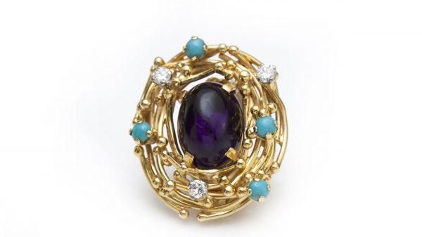 Vintage Amethyst, Turquoise and Diamond Clip On Earrings by Alan Martin Gard