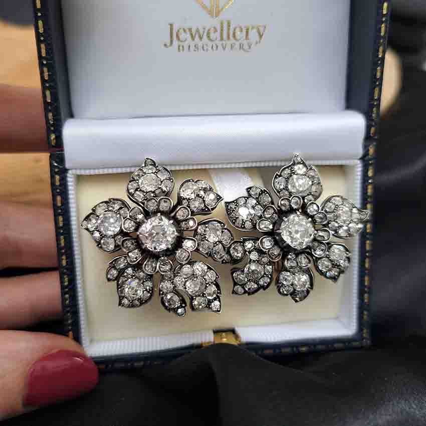 Antique Victorian Diamond Flower Earrings, Circa 1880