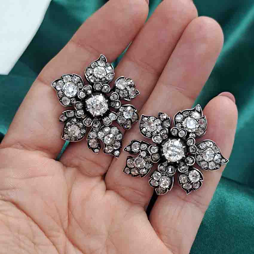 Antique Victorian Diamond Flower Earrings, Circa 1880