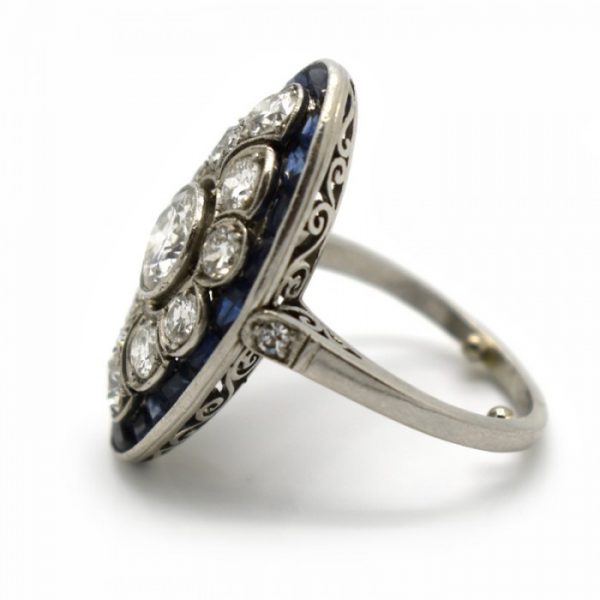 Art Deco Style Sapphire and Old Cut Diamond Cluster Plaque Ring in Platinum