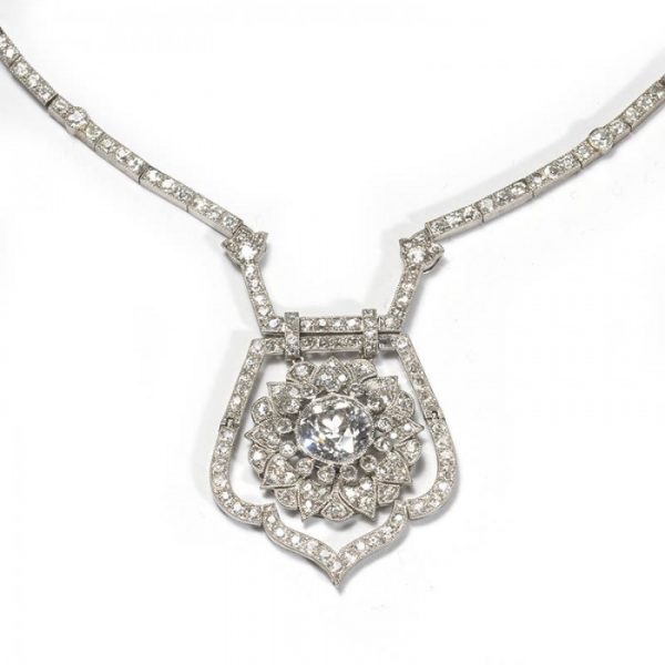 Art Deco Diamond Necklace with Old Cut Diamond Cluster Pendant, 18.75 carat total