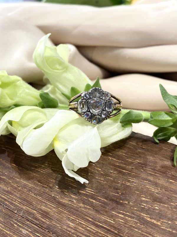 Antique Georgian 2ct Rose Cut Diamond Button Cluster Ring; featuring high quality rose cut diamonds and early cushion cut diamonds, in silver and gold with original triple wire shank, Scottish Circa 1740