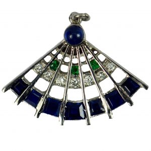 Art Deco Platinum Fan Charm Pendant; designed as a lady’s fan and set with 1.10cts sapphires, emeralds and diamonds
