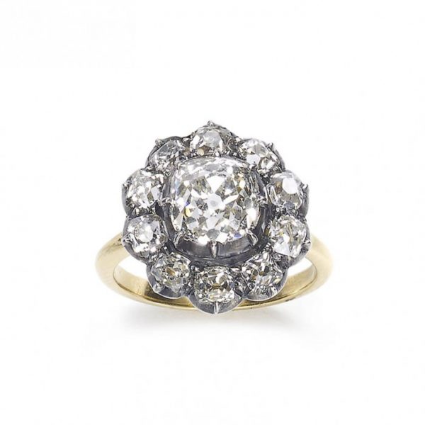 Antique Style Old Cut Diamond Cluster Ring; central certified 2.44ct K SI2 old mine-cut diamond surrounded by 10 old-cut diamonds totalling 1.87cts, 4.31 carat total, in silver and gold, with GCS certificate