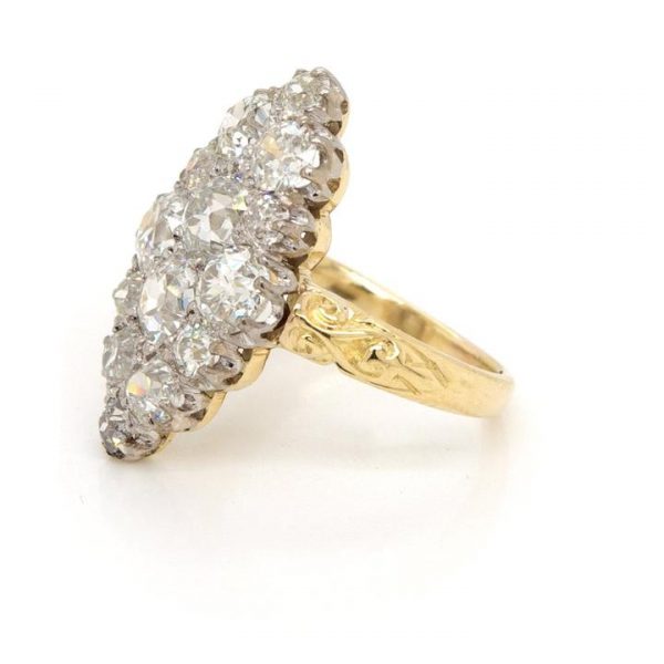 Antique Victorian Old Cut Diamond Navette Shaped Cluster Ring, 2.90 carats