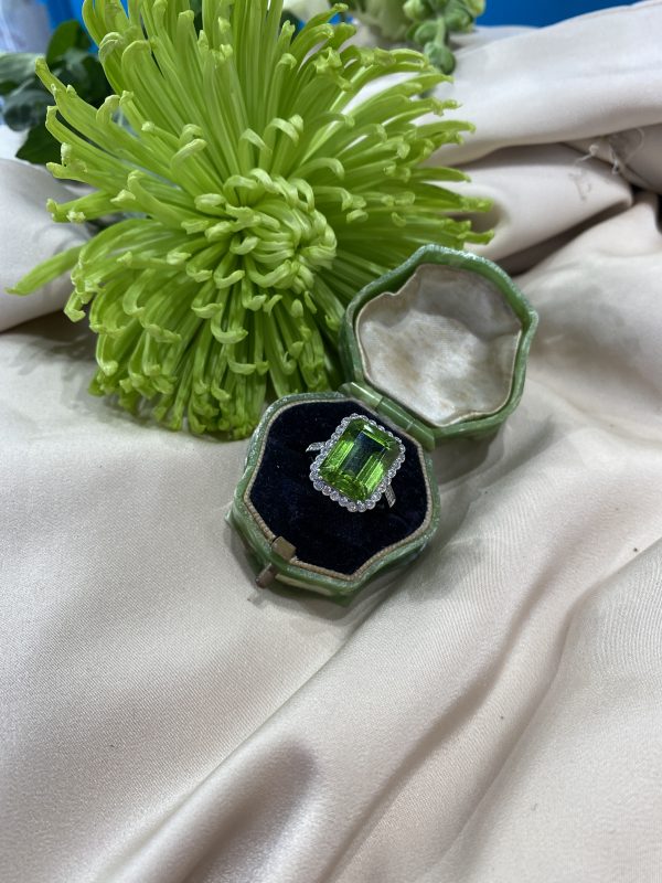 8.9ct Emerald-Cut Peridot and Diamond Cluster Ring in Platinum