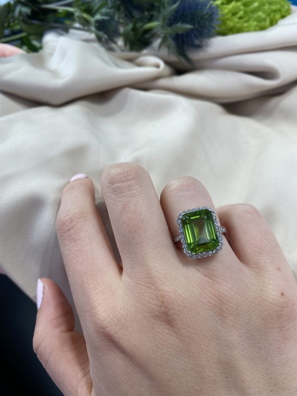 8.9ct Peridot and Diamond Cluster Ring in Platinum