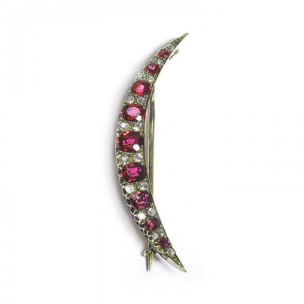 Antique Ruby and Old Cut Diamond Crescent Brooch, Circa 1895