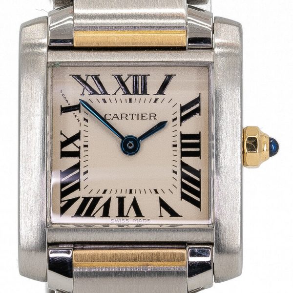 Cartier Tank Francaise 20mm Small Model Steel and Gold Quartz Watch; Ref 2300, white dial with Roman numerals, blue steel hands, sapphire cabochon crown and sapphire crystal, with original Cartier papers and service papers, Circa 1998