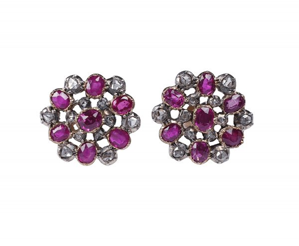 Antique Georgian Burmese Ruby and Diamond Cluster Earrings; with 1.40cts Burmese rubies and 0.72cts rose cut diamonds, in silver and gold, Circa 1820