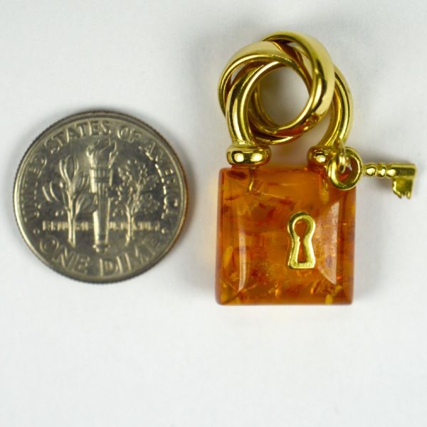 French Amber and 18ct Gold Padlock with Key Charm Pendant