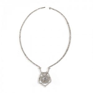 Art Deco Diamond Necklace with Old Cut Diamond Cluster Pendant, 18.75 carat total