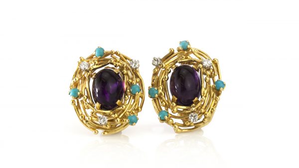 Vintage Amethyst, Turquoise and Diamond Earrings by Alan Martin Gard; 18ct yellow gold ladies clip-on earrings set with central oval cabochon amethysts accented with turquoise and diamonds, Made in London 1966