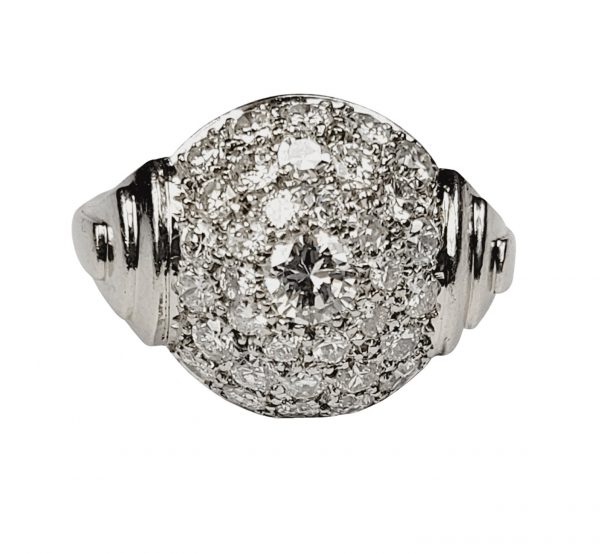 Art Deco Diamond Cluster Bombe Ring; central 0.33ct diamond within a triple border surround of sparkling diamonds, 2.95 carat total, in platinum with graduating stepped shoulders