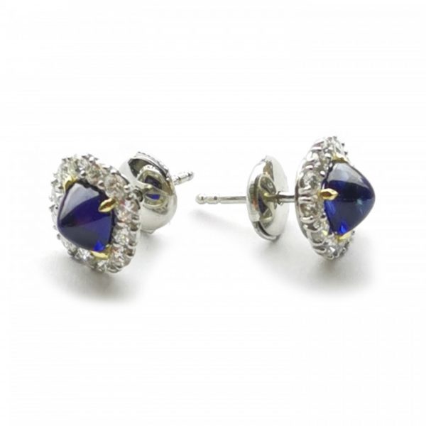 Cabochon Sugarloaf Sapphire and Diamond Cluster Stud Earrings in Platinum, 2.83 carats Certified natural and unheated