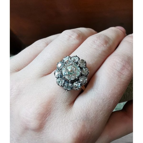 Antique Style 2.44ct Old Cut Diamond Cluster Ring with Certificate